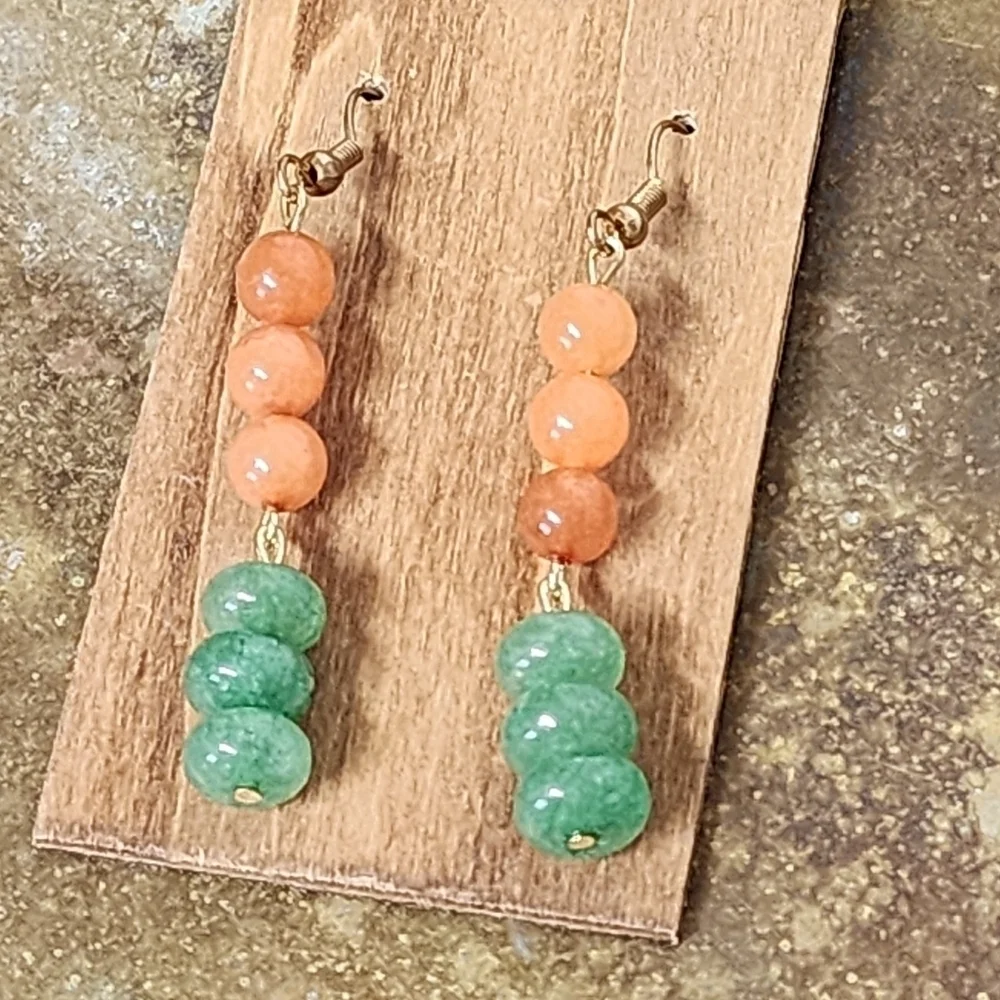 Earrings Beaded Gemstone Long Dangle Drop Chakra Boho Adventurine Peach Green